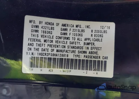 2017 Honda Accord Sport z USA, uszkodzony, nr VIN 1HGCR2F58HA128818